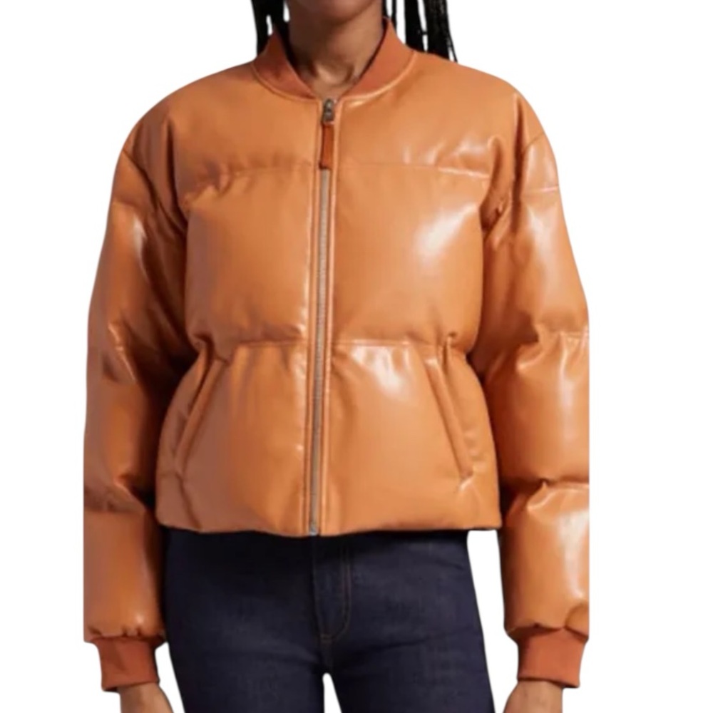 NEW Cinq à Sept Maris Puffer Coat Chestnut Brown Faux Leather